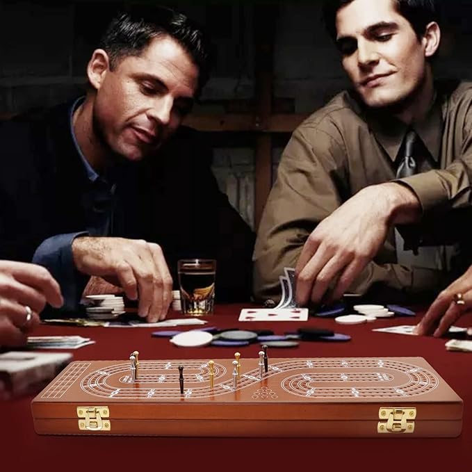 Cribbage Board Game Set 3 Tracks, Plusvivo Solid Oak Wood Cribbage Boards Unique with 9 Metal Pegs & 2 Storage Area, 15.5 X 4.9 X 1.2 in Travel Portable Cribbage Game Sets for Family