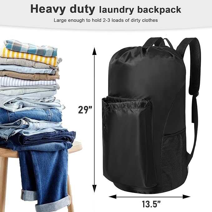 Polecasa Heavy Duty Backpack Laundry Bag, 29 x 13.5 Inches Hamper bag with Padded Shoulder Straps,130gsm Durable Fabric and 4 Pockets, Large Drawstring Bag for Dorm, College, Travel, Black