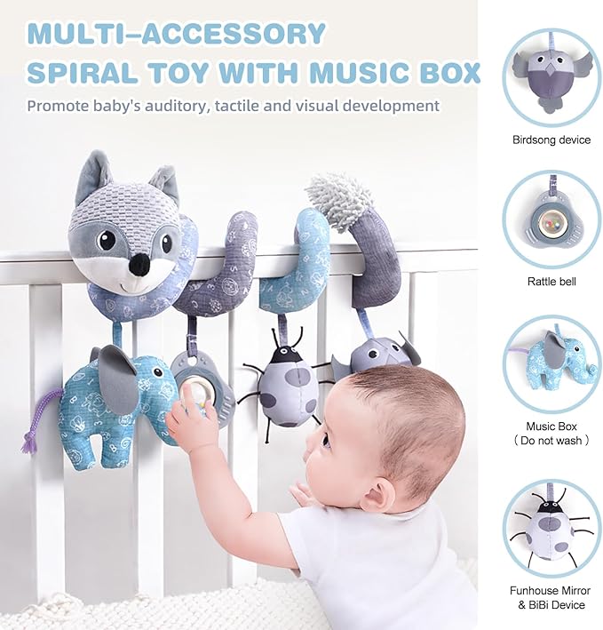 Jollybaby Baby Car Seat Stroller Toys, Plush Activity Hanging Spiral Activity Pram Crib with Music Box, Rattles, Squeaker for Babies Infant Boys Girls(Grey Fox)