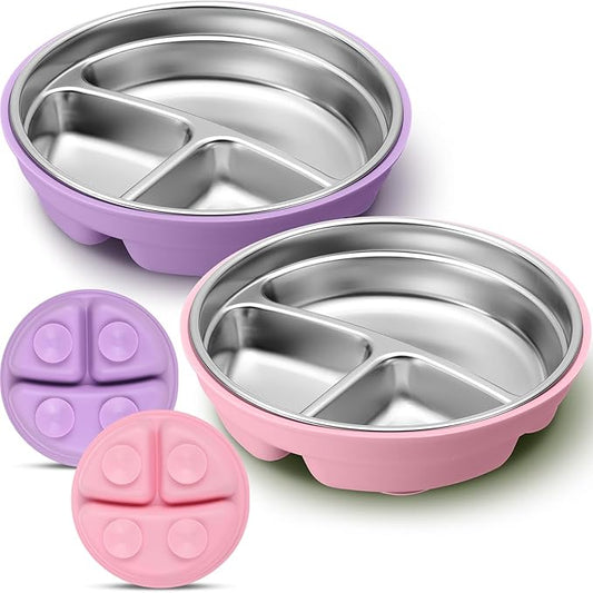 Nuogo 2 Pcs Stainless Steel Baby Suction Plates with Removable Silicone Shell 2-in-1 Metal Toddler Bowl Divided for Picky Eaters Kids Feeding Led Weaning Supplies, Dishwasher Safe (Purple,Pink)