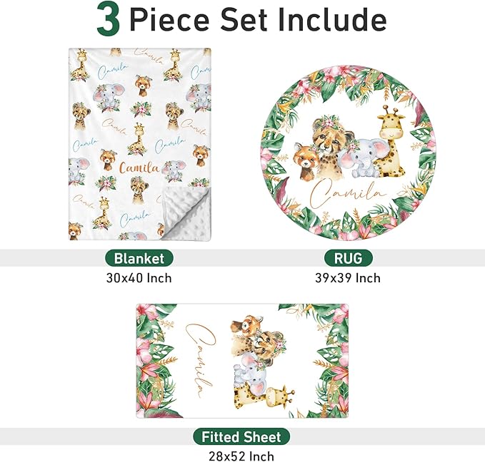 Personalized Baby Crib Bedding Set - Custom Name Lions Design 3 Pcs Set - Soft Blanket with Double Layer Dotted Backing, Fitted Sheet, Room Rug for Newborns Boys Girls Shower Gift