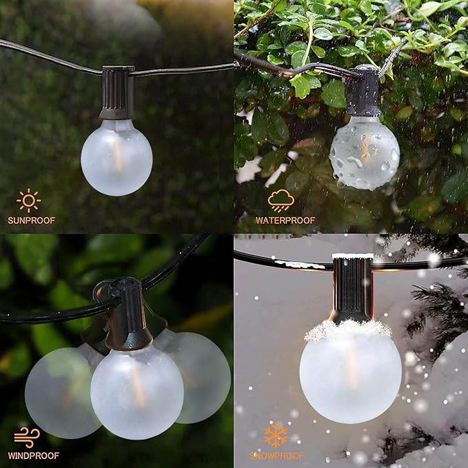 25Ft G40 LED Outdoor Christmas Frosted White String Lights with 27 G40 White Pearl Shatterproof Bulbs, Connectable Vintage Christmas Globe Patio Lights for Holiday Wedding Party Café Porch Party-White
