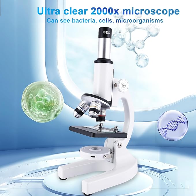 Microscope for Kids 40X-2000X Magnification, Microscope for Kids 8-12 Years with LED Fill Light, Cell Phone Holder, Great for School Labs and Homeschooling