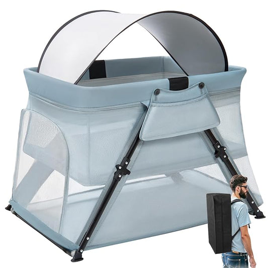 Lilian&Gema 2-in-1 Travel Crib, Portable Crib with Backpack, Lightweight Baby Travel Playpen, Foldable Play Yard with Thick Mattress for Babies & Toddlers, Baby Travel Essential