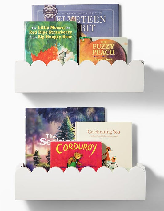 White Floating Cloud Shelves – Set of 2 Scalloped Wooden White Floating Cloud Shelves for Wall, Pre-Assembled Nursery Bookshelves for Baby, Toddler & Kids Room, Montessori Wall Shelf Display