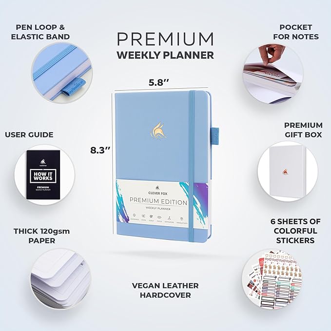 Clever Fox Planner Premium Edition – Undated Luxurious Weekly & Monthly Planner to Increase Productivity and Hit Your Goals – Organizer – Start Anytime, A5, Lasts 1 Year, Light Blue (Weekly)