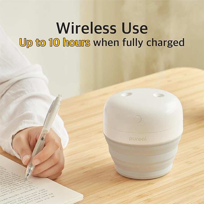 Pureal Foldable Mini Humidifier, 500ML Portable Small Cool Mist for up to 10 Hrs, for Baby Bedroom Travel Office Home, Auto Shut-Off, 3 Mist Modes, Super Quiet