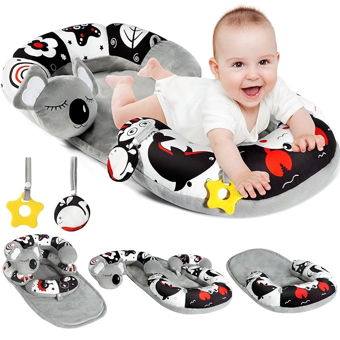 URMYWO Tummy Time Mat - 4 in 1 Cozy Tummy Time & Seated Support Pillow, Tummy Time Pillow for Newborn 0-12 Months, Infant Baby Sit Me Up Floor Seat Early Sensory Development Gifts Tummy Time Play Toys