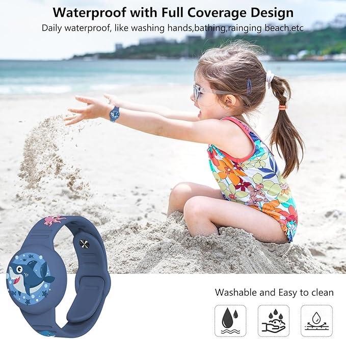 Waterproof Airtag Bracelet Kids,Cute Cartoon Silicone Hidden Airtag Wristband Kids,Anti-Lost Apple Airtag Holder Case for Toddler,Airtag Case Watch Band Tracker for Child-Blue Shark