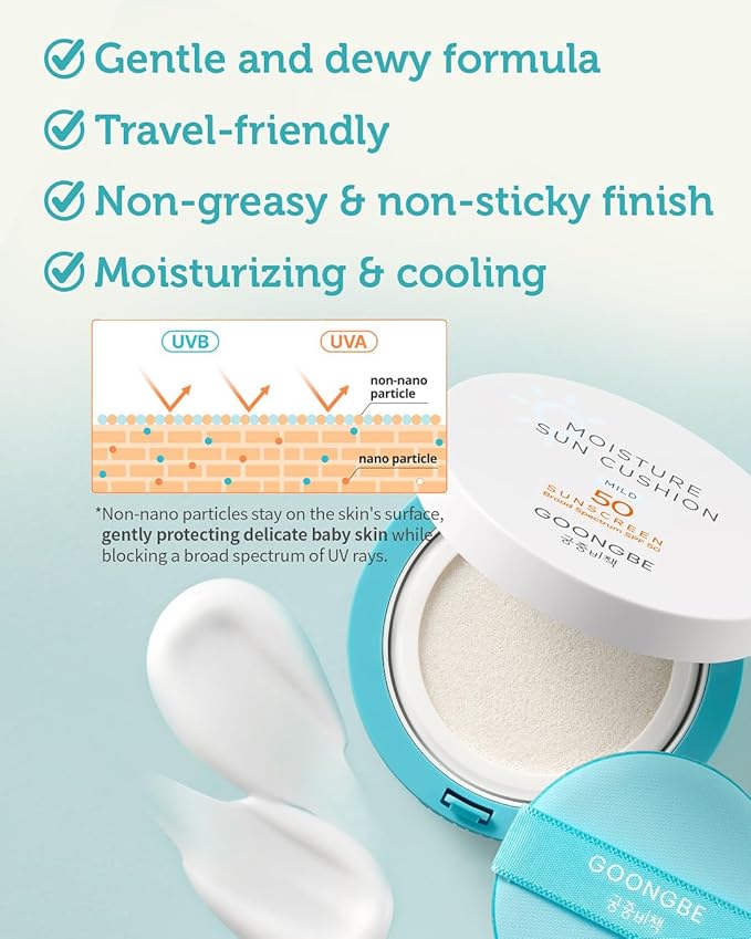 Moisture Sun Cushion Mild SPF 50 - Korean Moisturizing & Soothing Zinc Oxide Mineral Sunscreen - Travel Friendly Sun Cushion for Babies & Kids - Vegan, Reef-Safe, Allergen-Free, 0.81oz.