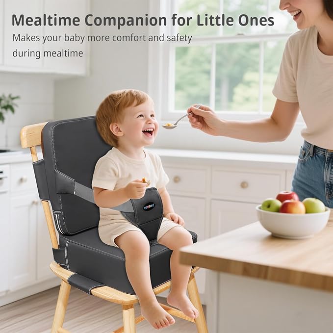 Toddler Booster Seat for Kitchen Chair, 2-in-1 Dining Table Booster Seat with Backrest & Adjustable Straps – Easy-Clean, PU Portable Toddler Eating Travel Increasing Cushion - Dark Grey