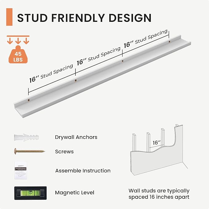 Solid Ash Wood Picture Ledge Shelf, Floating Shelves Set of 2, 56 Inch Long Large Ledge Shelves, Nursery Book Shelves Wall Mounted for Living Room Bedroom Kitchen Decor Kids Bookshelf, White