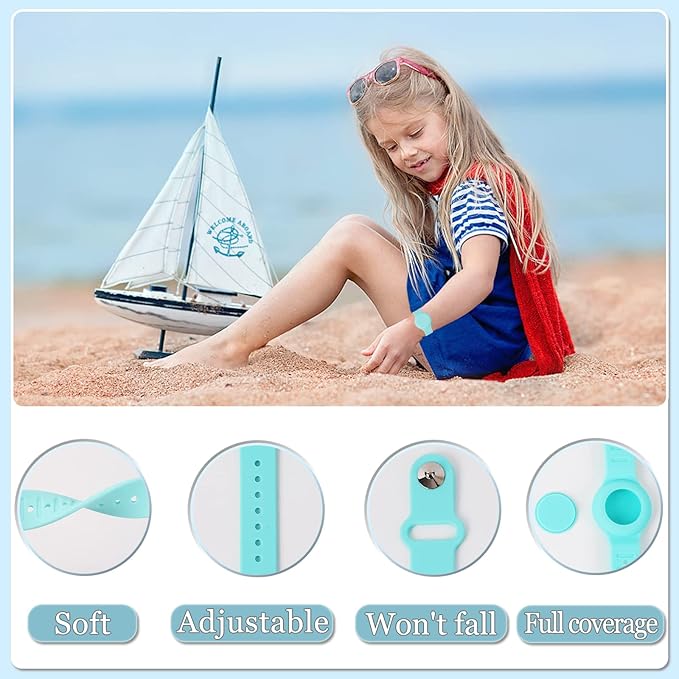 Kids Waterproof Airtag Bracelet Compatible with Apple AirTag, Hidden Silicon Protective Case for Air Tag GPS Tracker Holder, Adjustable Anti-Lost Watch Band for Toddler Child (Cyan)