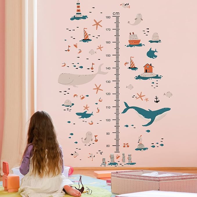 3D Cartoon Height Growth Chart for Kids Wall Decal Removable DIY Whale Ocean Animal Wall Decal Peel and Stick Sailing House Art Decor for Kids Nursery Bedroom Living Room Bathroom Decor