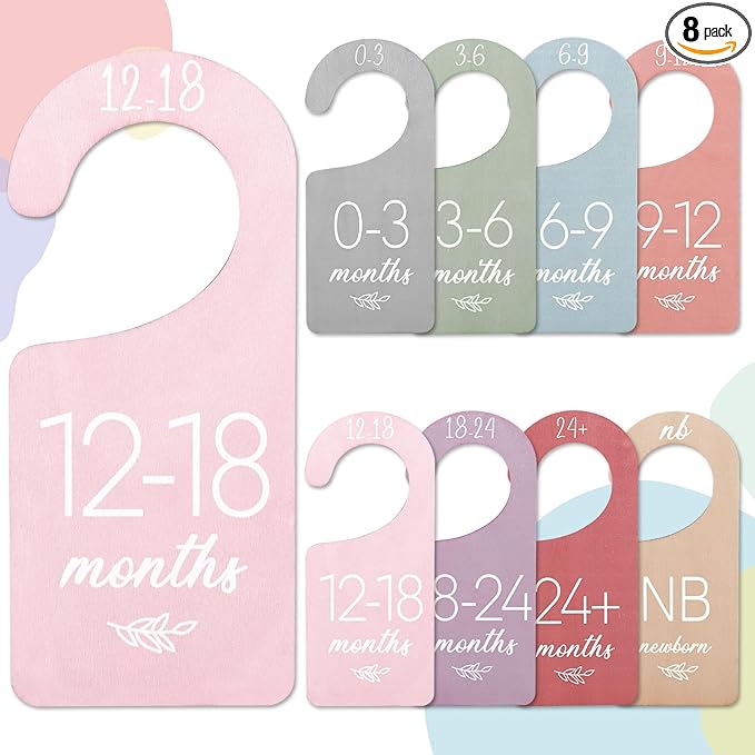 Whaline 8Pcs Baby Closet Dividers Boho Design Hanging Wooden Colorful Babys Closet Size Hanger Organizer Double-Sided Newborn to 24 Months Thicken Baby Wardrobe Organizer