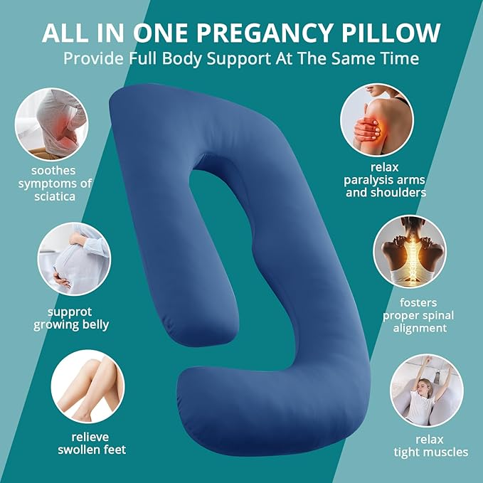 Sasttie Pregnancy Pillows for Sleeping, Jumbo U Shaped Cooling Full Body Pillow with Removable Cover, Pregnant Women Must Haves, Maternity Essential, Navy