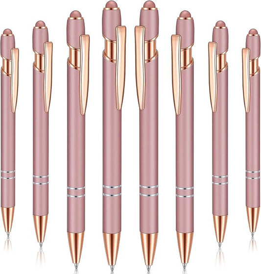 8 Pieces Ballpoint Pen with Stylus Tip Black Ink 2 in 1 Stylus Metal 1.0 mm Medium Point Smooth Pen Rainbow Colorful Rubberized Ballpoint for Touch Screen Tablet(Rose Gold)
