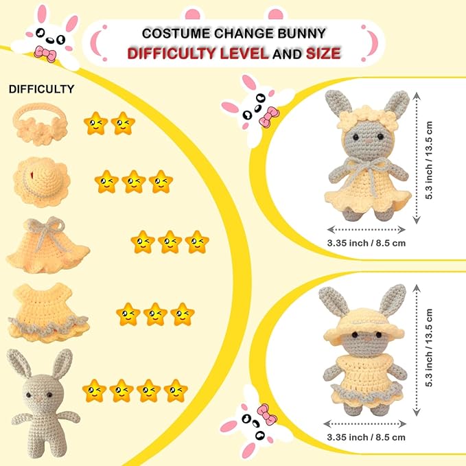 LoopMap Beginner Crochet Kit for Adults & Kids - DIY Amigurumi Bunny with Removable Dress & Accessories - Step-by-Step Video Tutorials, Extra Yarn, Crochet Tools - Handmade Gift (Bunny-Yellow)