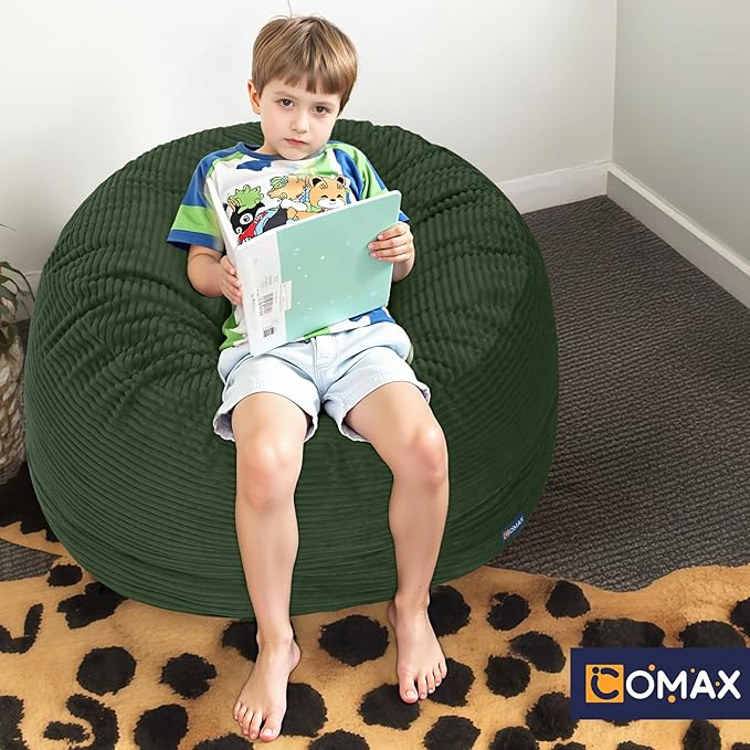 COMAX Kids Bean Bag Chair Turn into Beanbag Bed, Toddler Bean Chair Corduroy for Girl Boy Sleeping, Lazy Children Bean Bags with Filler, Convertible Child Floor Mattress, Dark Green
