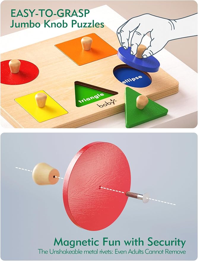 Boby Montessori Wooden Puzzle Board Knob Wooden Puzzle Geometric Shape Puzzle Early Education Material Sensorial Toy for Toddler Shape & Color Sorter (5 Geometry Shape)