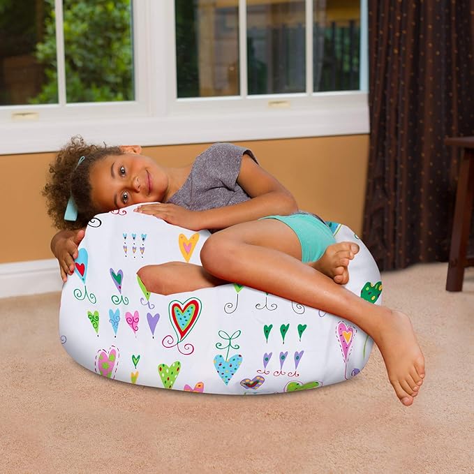 Posh Creations Bean Bag Chair for Kids, Teens, and Adults Includes Removable and Machine Washable Cover, Canvas Multi-Colored Hearts on White, 27in - Medium