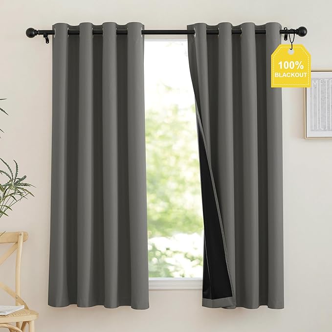 NICETOWN 100% Blackout Curtains 63 inch Length, Grommet Portable Curtains Thermal Insulated Lightweight Window Treatments Privacy for Travel/Bedroom, Dark Grey, W52 x L63, 2 Panels
