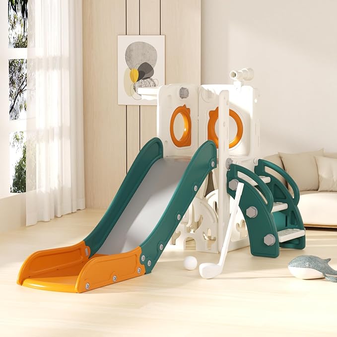 KORIMEFA 7 in 1 Toddler Slide, Kids Slide for Toddlers Baby 1-3 Years Old, Indoor and Outdoor with Basketball Hoop & Golf Set, Plastic Slides for Kids Easy Assembly, Green