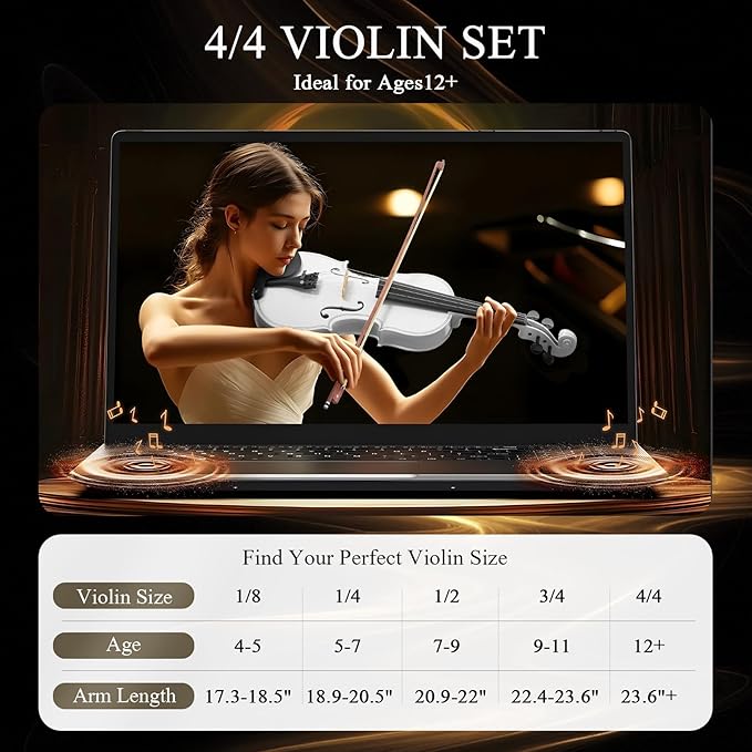 4/4 Beginner Violin Kit for Adults, Complete Full Size Violin Set with Portable Case, Bow, Rosin, White