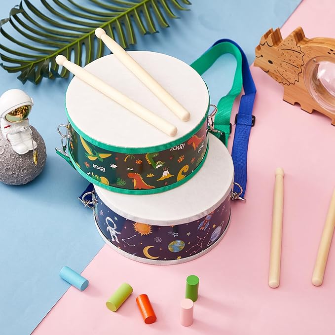 Boao 1 Pc Kids Drum Set, 8 Inch Toddler Drum Wooden Toy with Adjustable Strap and 4 Drumsticks, Educational Sensory Musical Instrument for Toddlers Kid Baby Boys Girls Gift (Dinosaur)