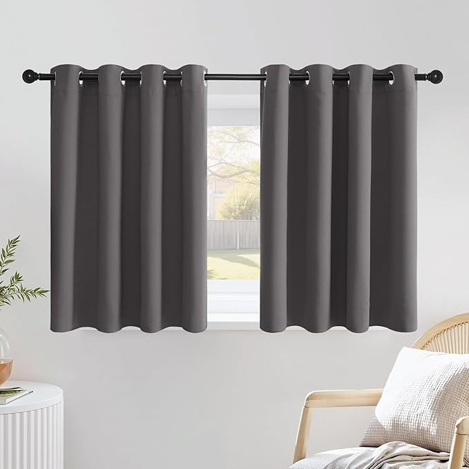 NICETOWN Grey Kitchen Curtains for Windows, Grommet Thermal Insulated Solid Blackout Window Treatments for Cafe, 2 Panels, W52 x L36