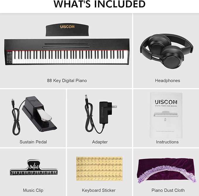 88 Key Digital Piano Keyboard for Beginners,Full Size Electric Piano Semi-Weighted Keyboard with Sheet Music Stand,Pedal,Headphone,Power Adapter,USB-MIDI Compatibility,Wood Grain Black
