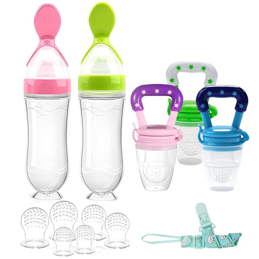 Food Feeder Baby Fruit Feeder Pacifier (3 Pcs) with 6 Different Sized Silicone Pacifiers,Silicone Baby Food Dispensing Spoon 90ML with 2 Babies Spoons Pacifier Clip Infant Fruit Teething Feeders-Pink