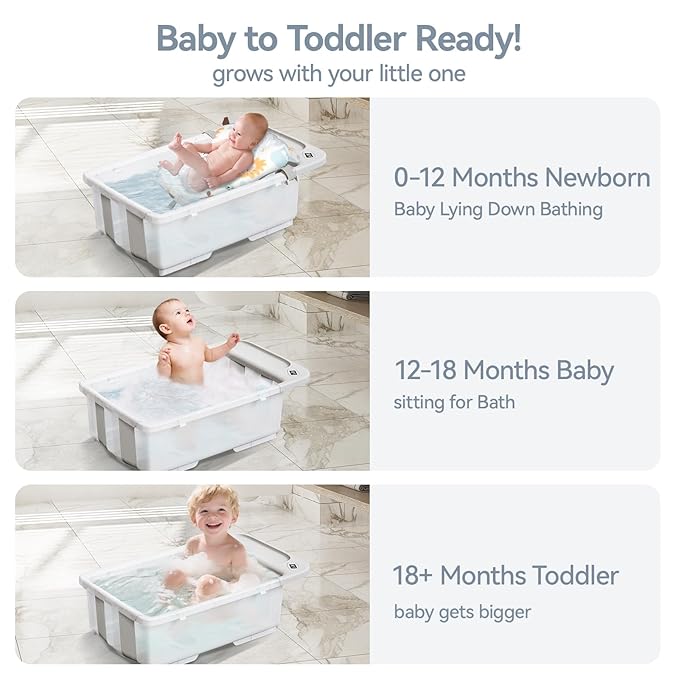 Collapsible Baby Bathtub with Stand - Large Capacity Baby Bath Tub with Thermometer & Soft Cushion | Portable Travel Newborn Infant Bathtub | Foldable Toddler Bathtub for Baby 0 to 36 Months