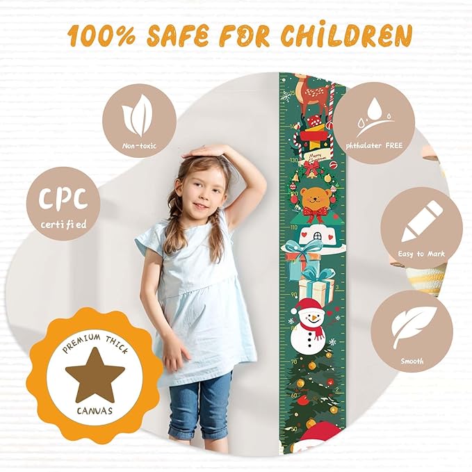 Personalized Name Growth Chart for Wall, Christmas Deer Height Chart, Waterproof Canvas Measure Wall Ruler Removable, Nursery Wall Decor for Baby Kids Toddlers,Christmas Gifts for Kid