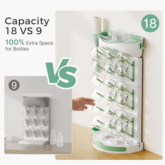 Momcozy DIY Larger Bottle Drying Rack for 18 Bottles, Space Saving Countertop Vertical Rack with Brushes Holder, Detachable Travel Bottle Rack for Baby Accessories & Pump Parts