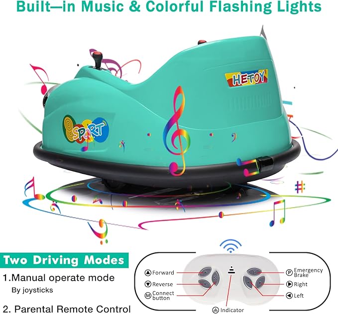12V Bumper Car for Toddlers, Electric Toy Ride on Battery Car with Kids W/Parent Remote Control, 2-Speed, 360 Degree Spin, Music & LED Lights for Kids, Green