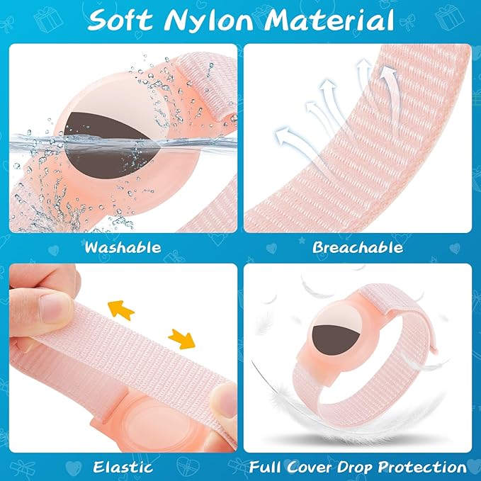 Waterproof Air Tag Bracelet for Kids (2 Pack), Soft Nylon Hidden Air Tag Wristband Full Cover Lightweight GPS Tracker Holder Compatible with Apple AirTag Band for Toddler Child (Black & Pink)