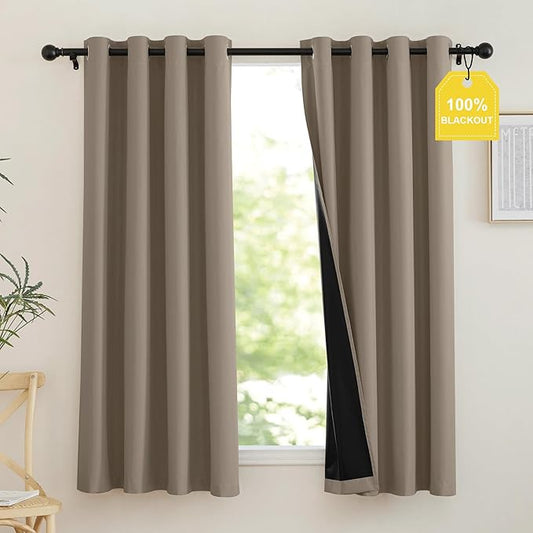 NICETOWN 100% Full Blackout Portable Curtains for Bedroom, Grommet Lightweight Travel Black Out Shades Window Treatments Thermal Curtains for Laundry/Kitchen, Tan, W52 x L63, 2 Panels