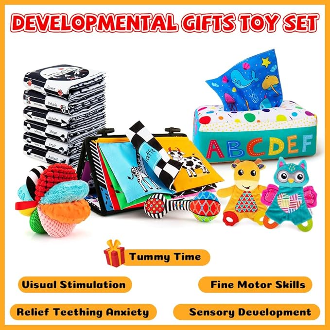Baby Gifts Set,Infant Toys Set with Tummy Time Mirror,Plush Teethers,High Contrast Baby Books,Rattle,Tissue Box Toy,Sensory Ball for Boys Girls,Perfect Sensory Toys Gifts Basket for Shower Birthday