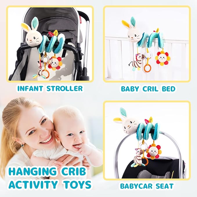Koty Car Seat Toys, Infant Spiral Plush Toys, Baby Stroller Toys Hanging Crib Activity Toy for CarSeat Crib Bed Stroller, Rabbit Hanging Rattle Gifts for Babies 0-6 Months（Rabbit）