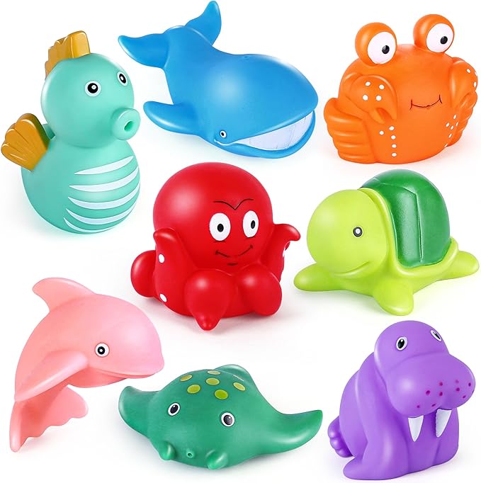 LotFancy Bath Toy, 8PCS Mold Free Bath Toys for Kids Ages 1-3, No Holes Baby Bath Toys for Toddlers 2-4, Ocean Sea Animal Bathtub Toys, Soft Floating Pool Water Table Toys