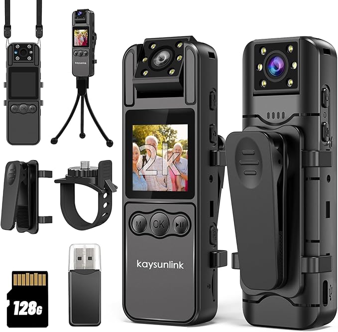 Body Camera with 1.4” Screen Audio and Auto Video Night Vision 1440P UHD Mini Police Wearable Body Worn Cam Portable Small Personal Camcorder Sport Action Outdoor Video Recorder (2K-128GB)