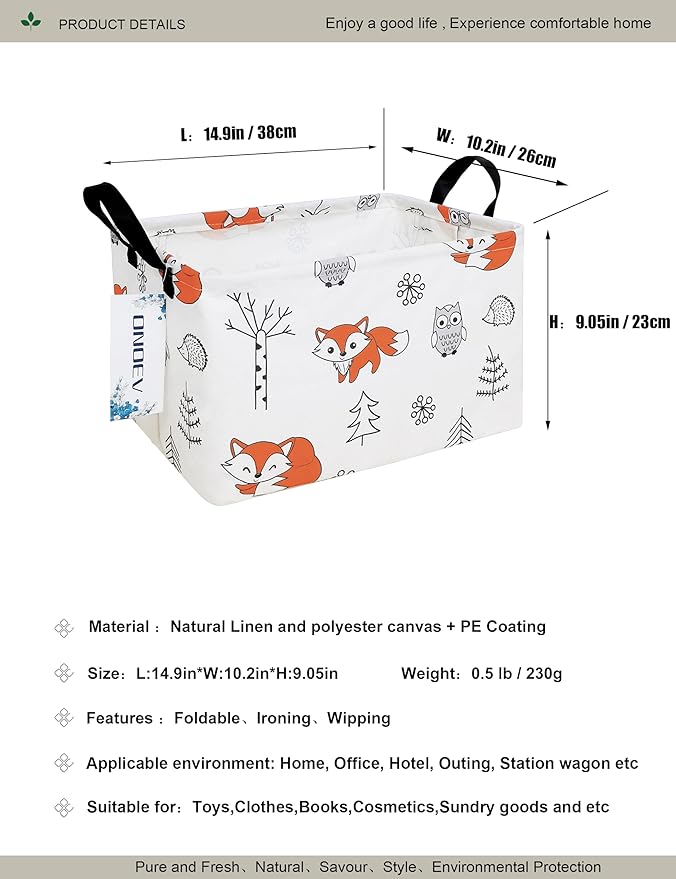 Rectangular Folding Laundry Basket,waterproof Canvas Basket,gift basket,Suitable for children's room,Office,Clothes,Toys Storage（Fox）