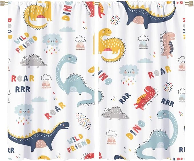 Cartoon Dinosaur Curtains for Kids Boys Girls Home Decor Colorful Cute Dino Animals Print Pattern Rod Pocket Blackout Window Drapes for Nursery Baby Bedroom Playroom W36xL63in 2 Panels