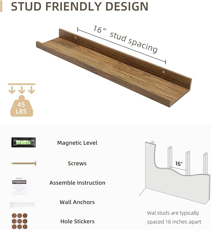 Picture Ledge Shelf, Wood Floating Shelves Set of 4, 24 inch Picture Ledge Shelves, Photo Ledge Nursery Book Shelves Wall Mounted for Living Room Kids' Room Bedroom, Color Walnut