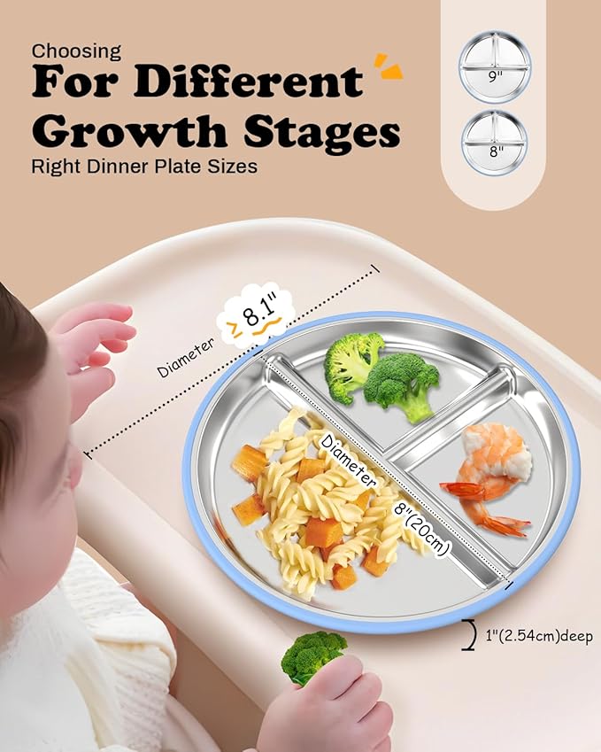 8" Stainless Steel Toddler Plates with Suction, Divided Plates with Removable Silicone Sleeves for Baby, Non Toxic & BPA Free |Unbreakable |Dishwasher Safe Dinnerware Set of 2, Blue & Gray