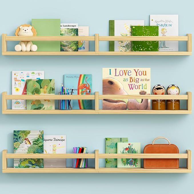 Floating Nursery Book Shelves for Wall, 32 Inch Long Bookshelf for Kids Room, Wooden Large Wall Shelf with Hanging Rod for Baby Toddler Child Bedroom (3-Pack, Natural Wood)