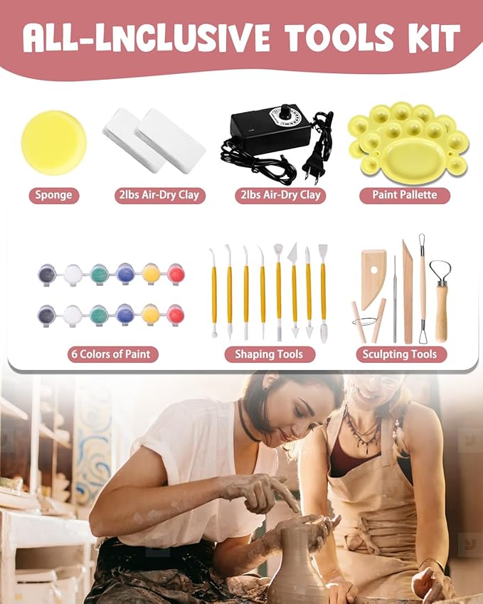 Mini Pottery Wheel Kit - 6" Pottery Wheel for Kids, Teens & Adults Beginners, 2 Lb Air Dry Clay & 18PCS Clay Tools Included, Crafts for Home DIY, Ceramic Work & Art Creatio