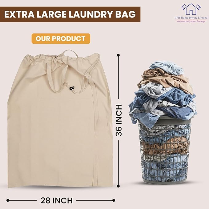 LFH Home Large Premium 100% Cotton Canvas Laundry Bag with Drawstring and Handles Heavy Duty, Multi-Use, and Washable for Home, Travel, College or Storage 28x36 (Pack of 4)-Natural