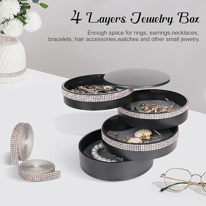 CONBOLA Jewelry Holder Organizer, Christmas Gifts Ideas for Women, Small Jewelry Storage Box Earring Holder, 5-Layer Rotating Jewelry Storage Tray with Lid for Bracelets Rings Bracelets